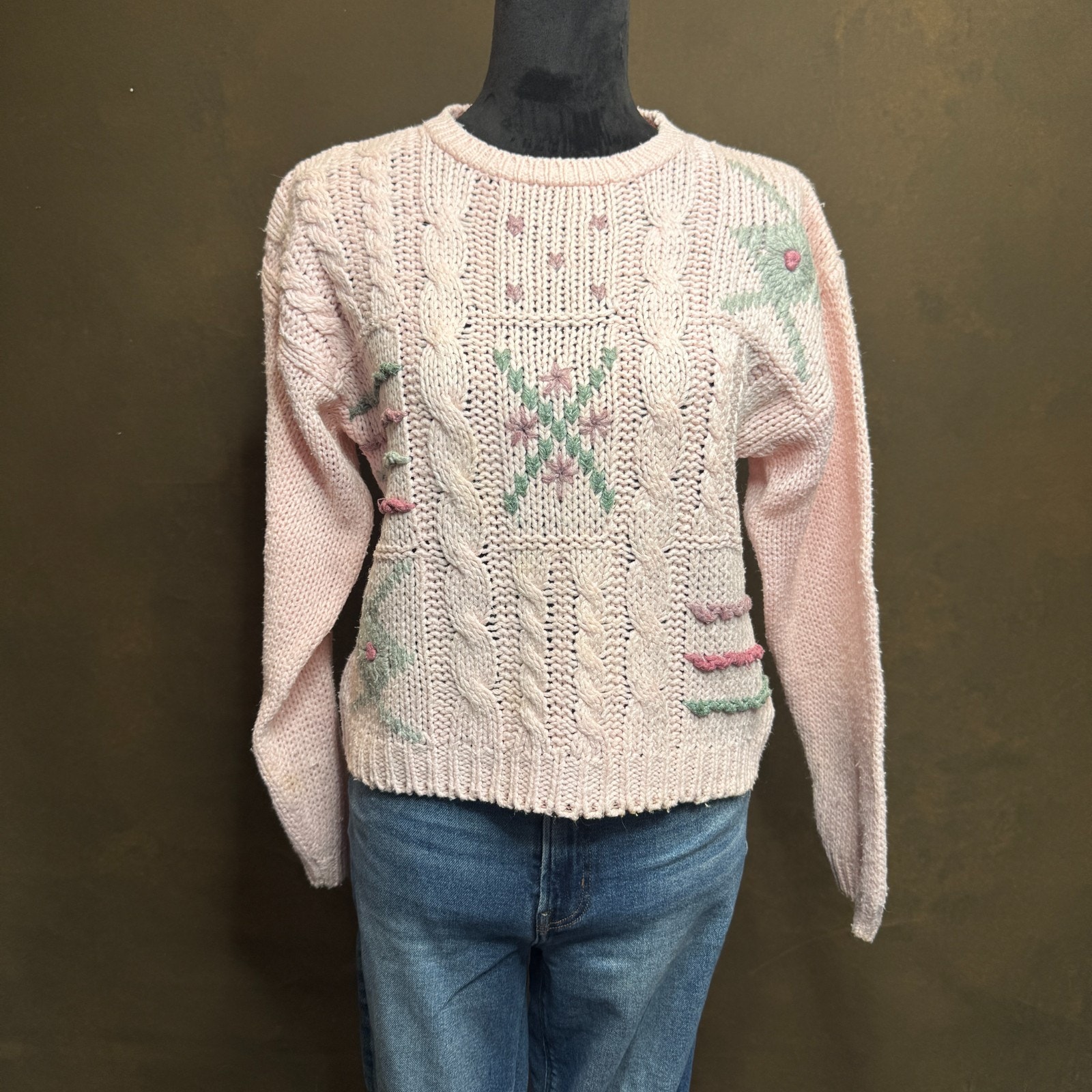 Vintage Shenanigans Sweater Women’s M Hand Knit 80s Pastel Cottagecore Korea
